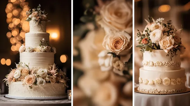 Elegante Hochzeitstorte mit Blumen und Lichterketten