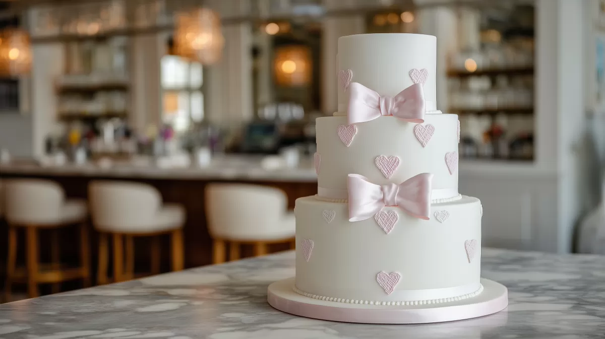 Elegante Hochzeitstorte mit rosa Schleifen und Herzen