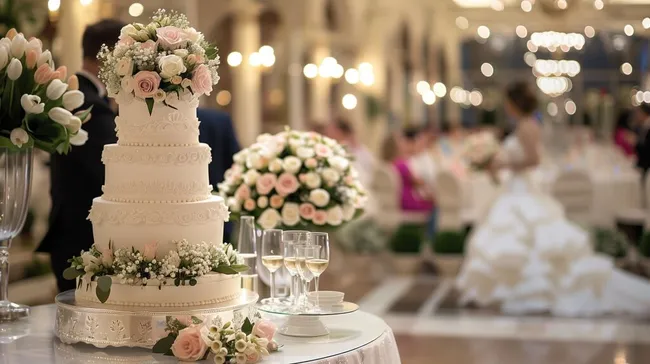 Elegante Hochzeitstorte mit Rosen und Gläsern
