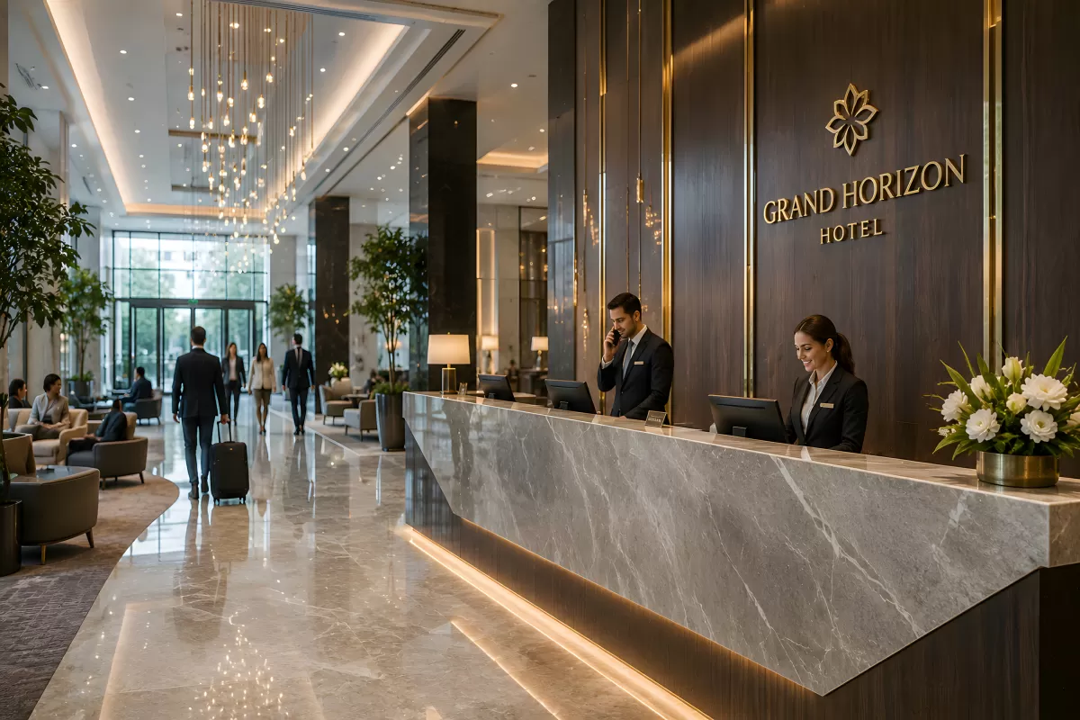 Elegante Hotellobby mit Marmorrezeption und Personal