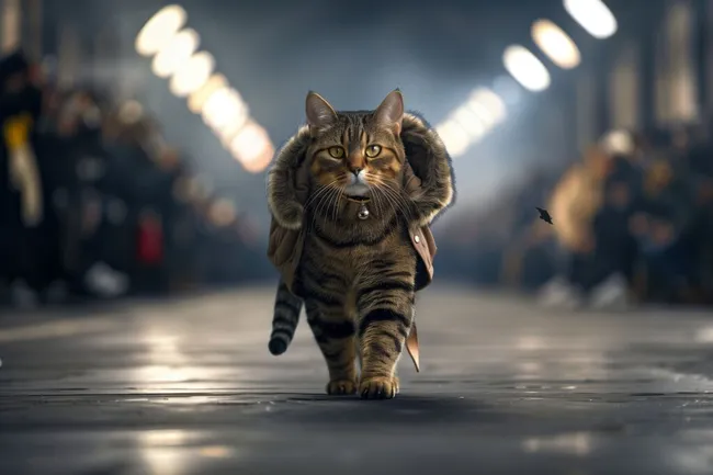 Elegante Katze bei Nachtbeleuchtung auf Straße