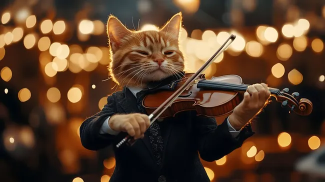 Elegante Katze spielt Violine auf funkelndem Hintergrund