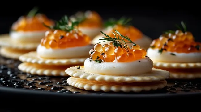Elegante Kaviarcanapés auf knusprigen Crackern