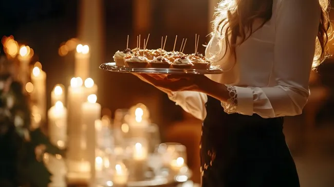 Elegante Kellnerin serviert Finger-Food bei Kerzenlicht