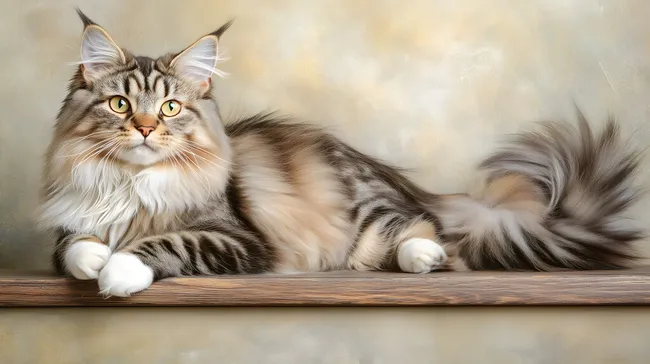 Elegante Maine-Coon-Katze auf Holzbrett