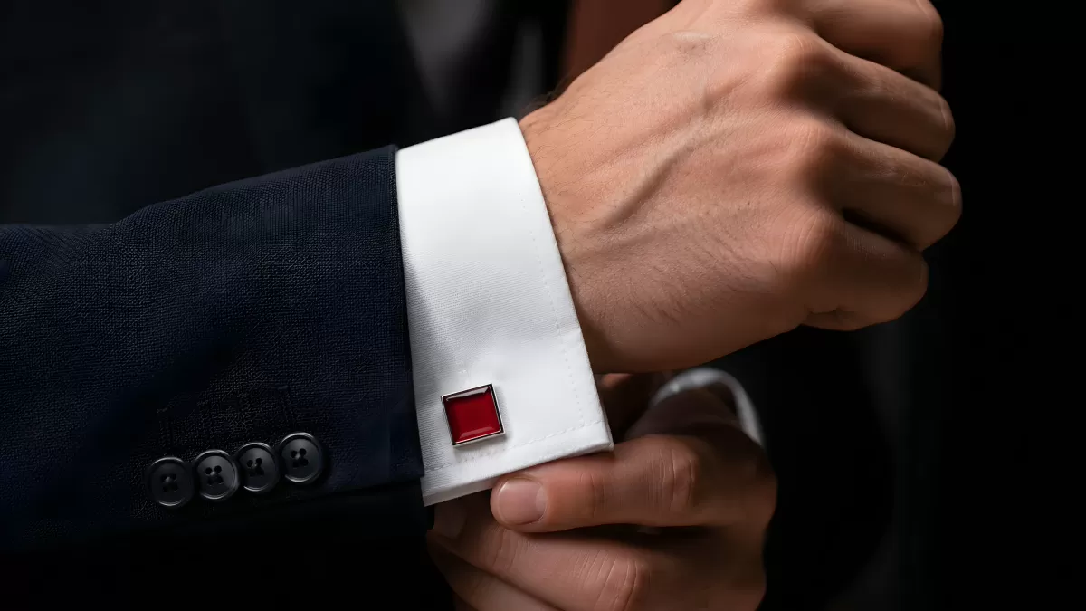 Elegante Manschettenknöpfe mit rotem Stein am Anzug