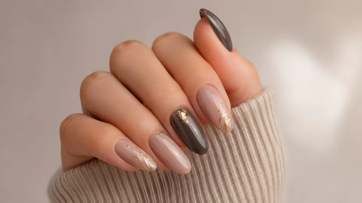 Elegante Nägel in Nude und Grau mit Golddetails