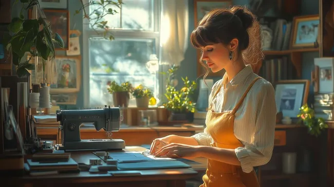 Elegante Näherin fertigt Handarbeit in sonnigem Atelier