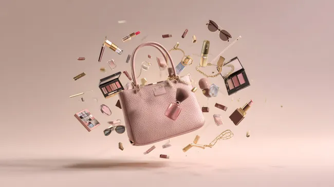Elegante rosa Handtasche mit fliegenden Kosmetikprodukten
