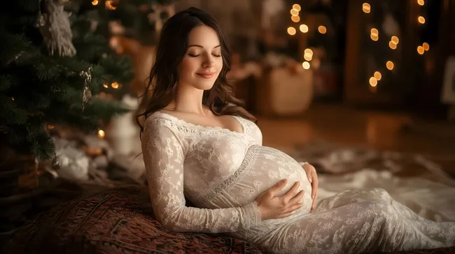 Elegante Schwangere in weißem Spitzenkleid vor Weihnachtskulisse