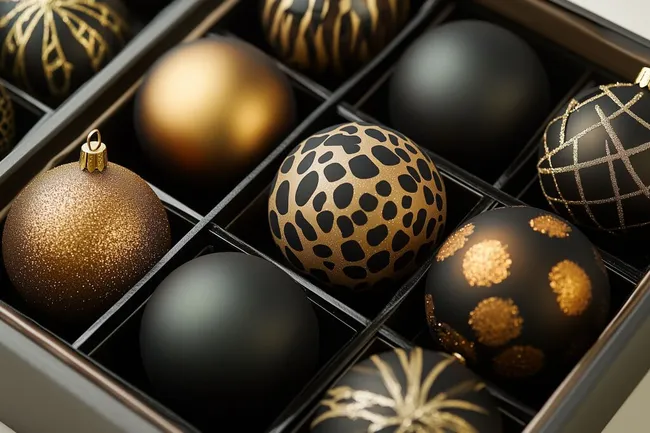 Elegante schwarze und goldene Weihnachtskugeln in Box