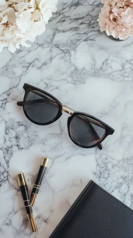 Elegante Sonnenbrille und Schminke auf Marmortisch