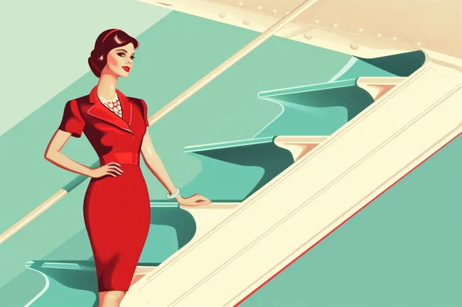 Elegante Stewardess in Retro-Kleidung vor Flugzeugkulisse