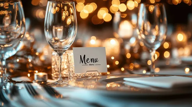 Elegante Tischkulisse mit Menükarten und Champagnergläsern