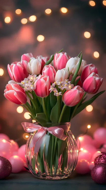 Elegante Tulpenstrauss mit Weihnachtsdekoration