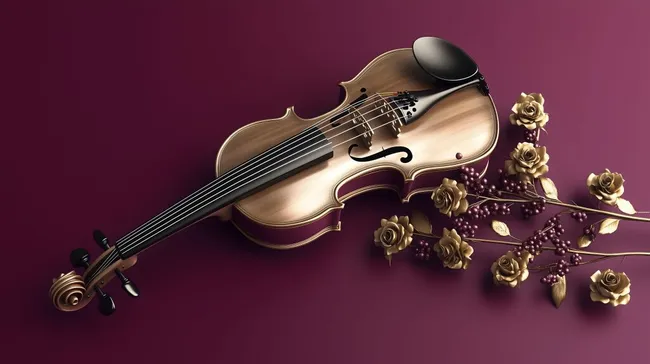 Elegante Violine mit goldenen Rosen auf lila Hintergrund