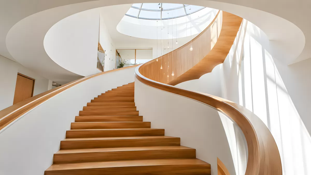 Elegante Wendeltreppe aus Holz mit Oberlicht