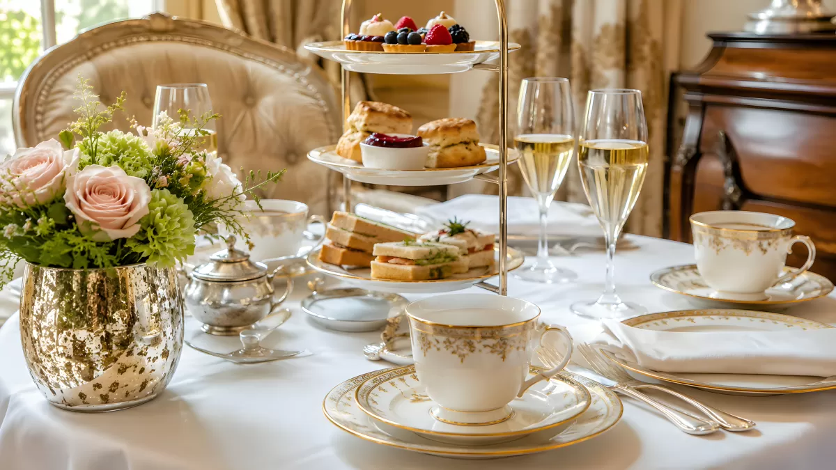 Eleganter Afternoon Tea mit Champagner und Gebäck