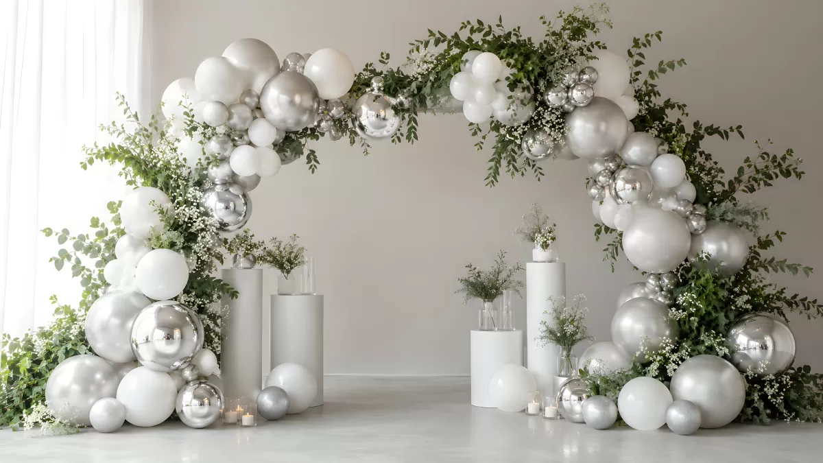 Eleganter Ballon-Bogen in Weiß und Silber mit Grün
