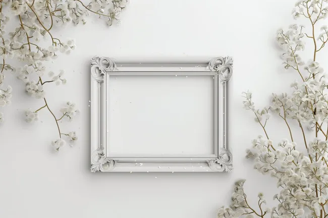 Eleganter Bilderrahmen umrahmt von weißen Blüten