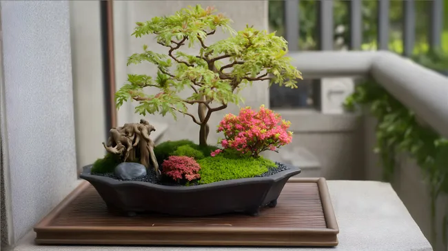 Eleganter Bonsai-Miniaturgarten mit blühenden Pflanzen