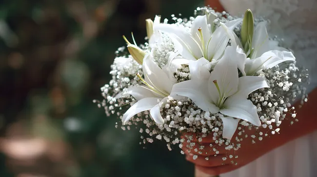 Eleganter Brautstrauß mit weißen Lilien und Schleierkraut