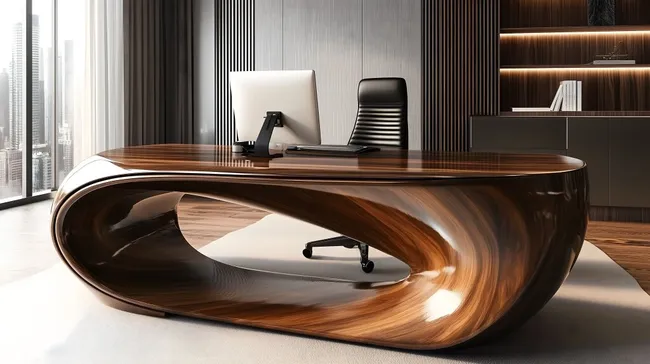 Eleganter Chefbüroraum mit geschwungener Holzarbeitsfläche