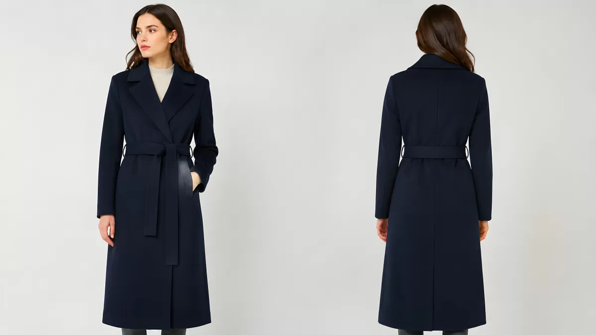 Eleganter dunkelblauer Damenmantel mit Bindegürtel