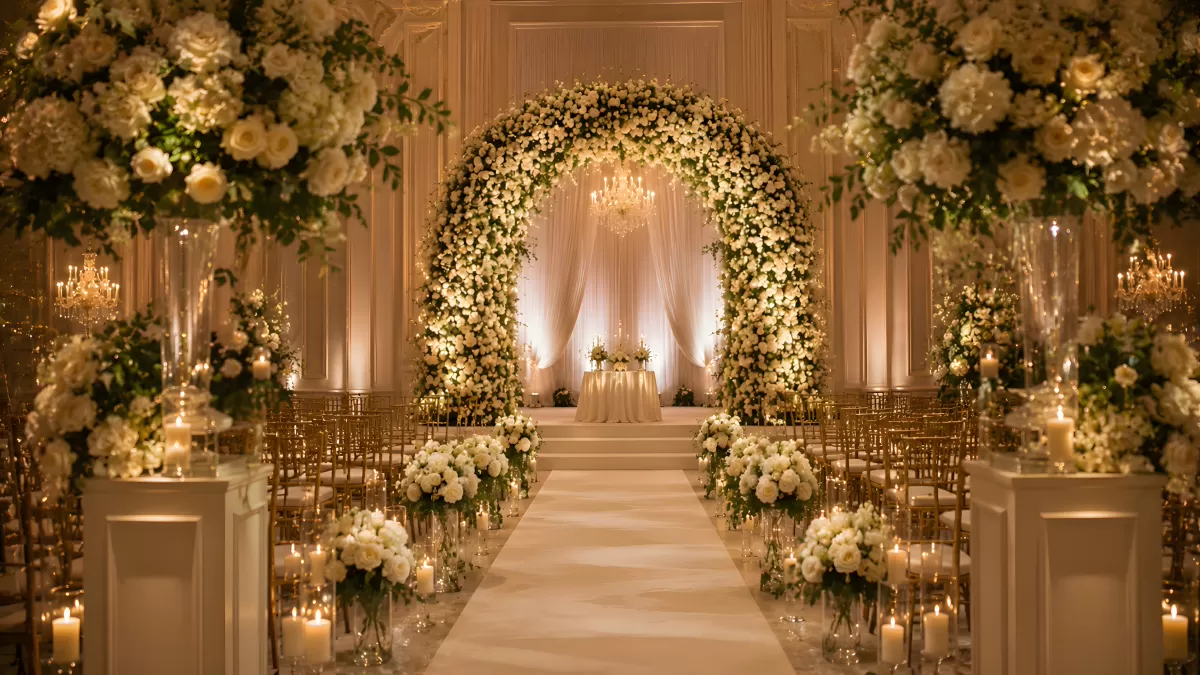 Eleganter Hochzeitssaal mit Blumenbogen und Kerzenlicht