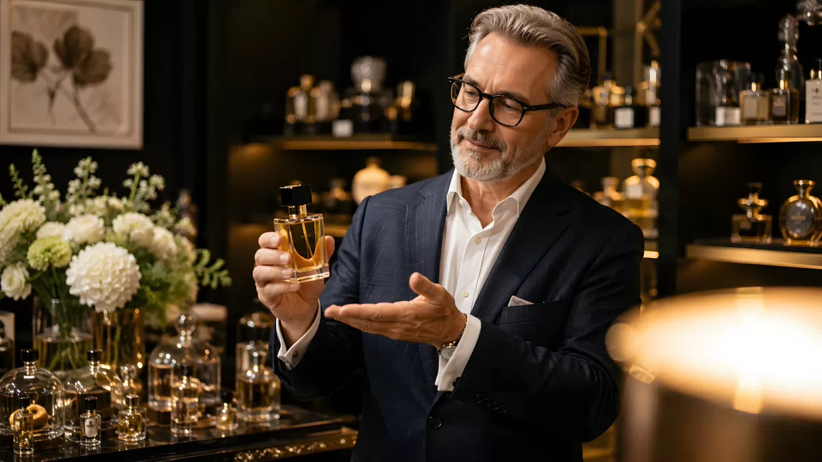 Eleganter Mann begutachtet Parfumflakon im Luxusgeschäft