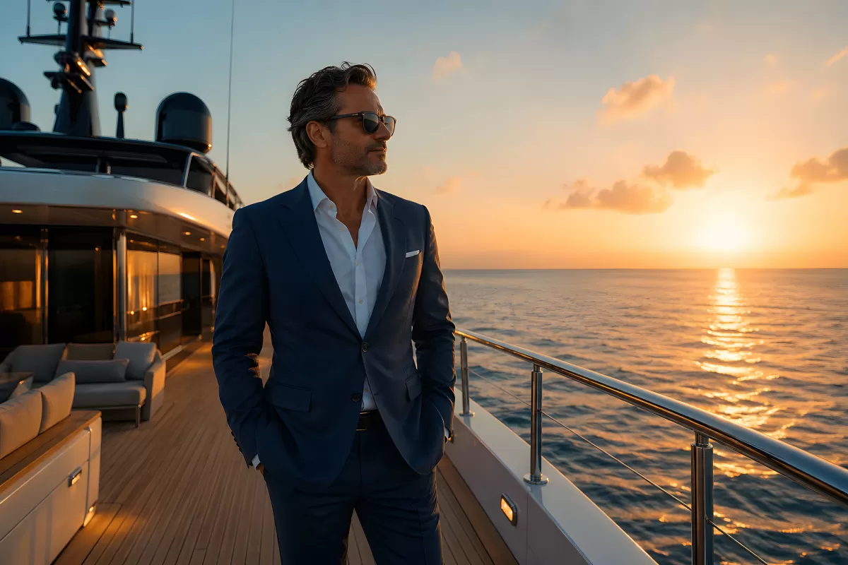 Eleganter Mann im Anzug auf Luxusyacht beim Sonnenuntergang