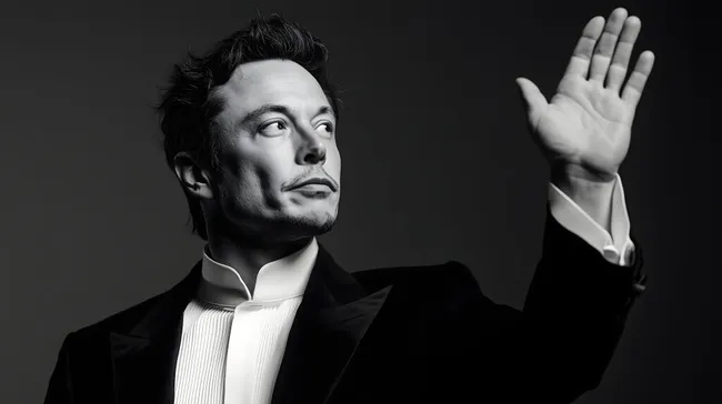 Eleganter Mann im Anzug mit erhobener Hand