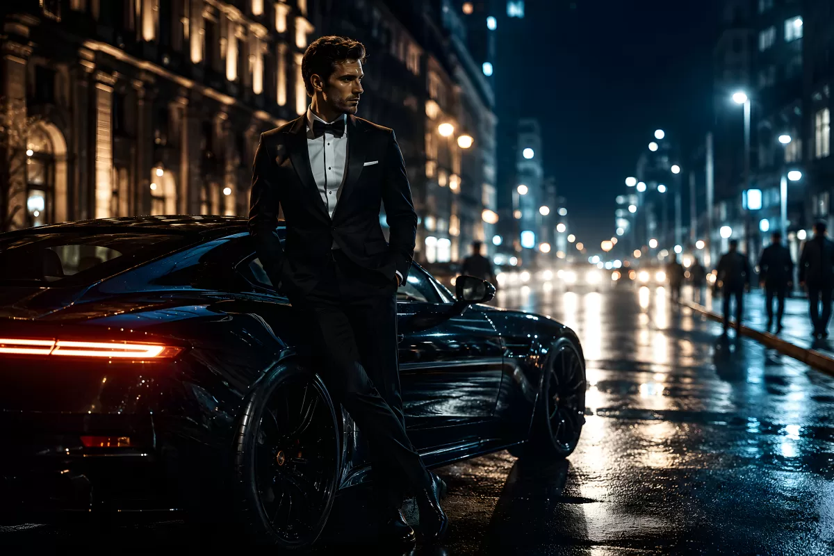 Eleganter Mann im Smoking lehnt an Sportwagen bei Nacht