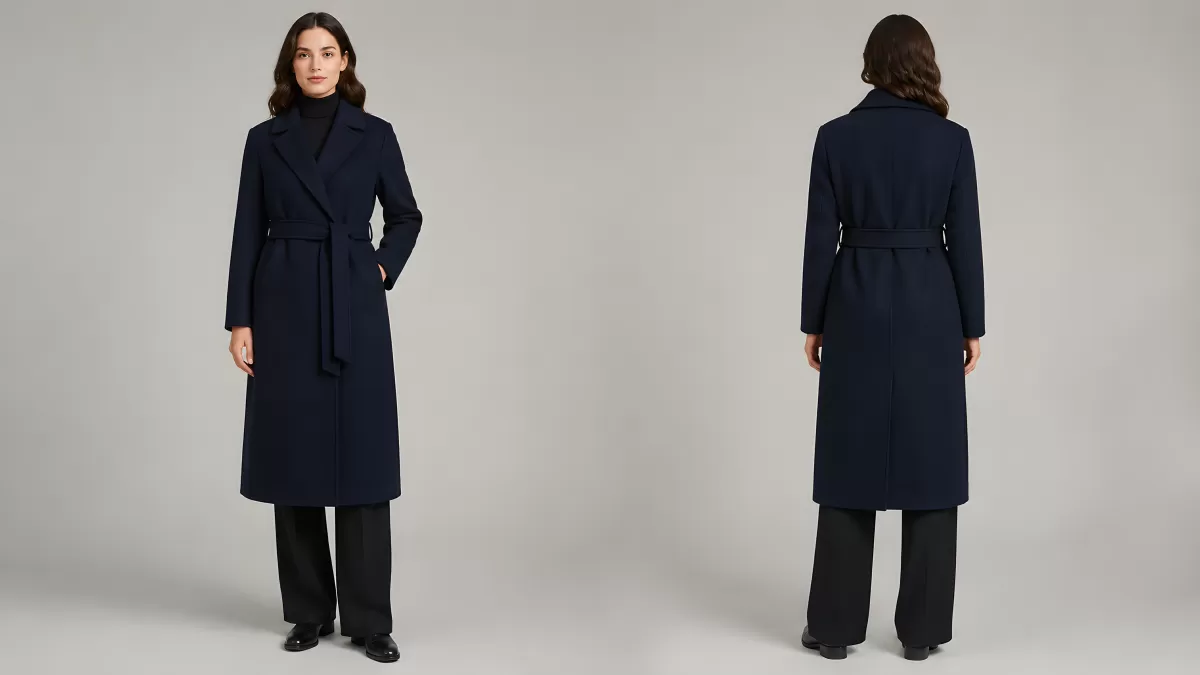 Eleganter marinblauer Wollmantel mit Bindegürtel