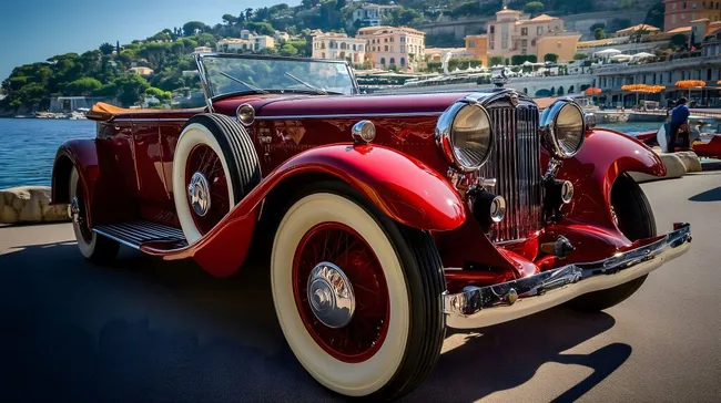 Eleganter Oldtimer in Hafenkulisse von Monte Carlo
