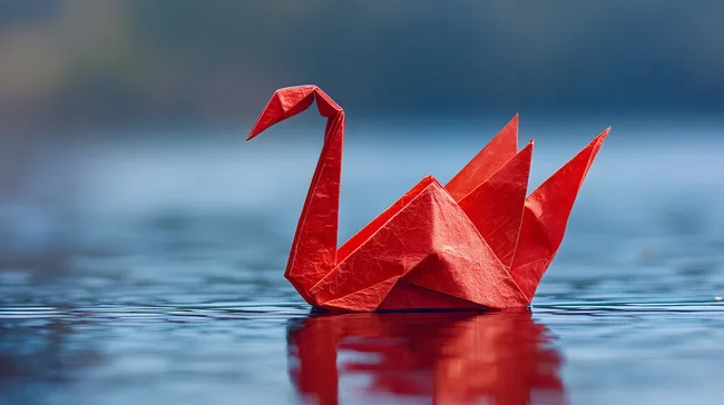 Eleganter Origami-Schwan auf spiegelglatter Wasseroberfläche