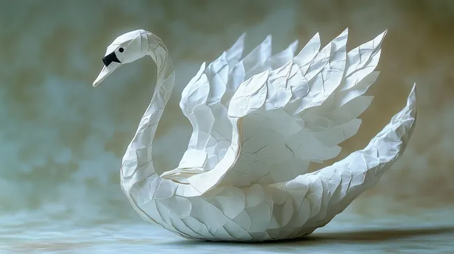 Eleganter Origami-Schwan mit kunstvoll gefalteten Flügeln