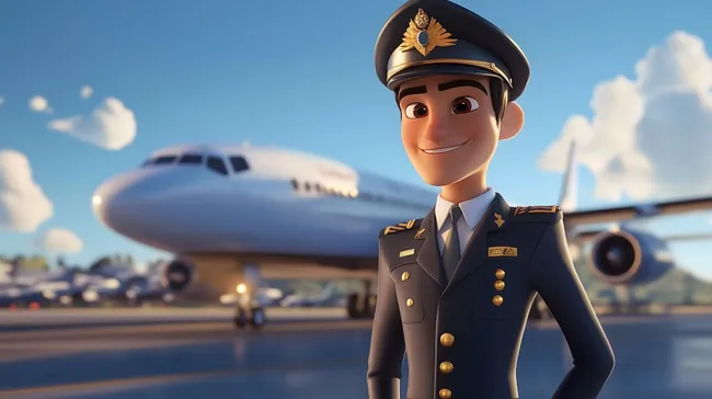 Eleganter Pilot vor modernem Flugzeug am Flughafen