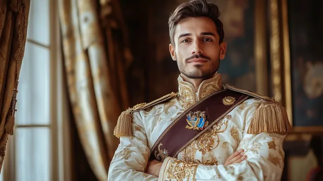 Eleganter Prinz in historischer Uniform mit prachtvoller Schärpe