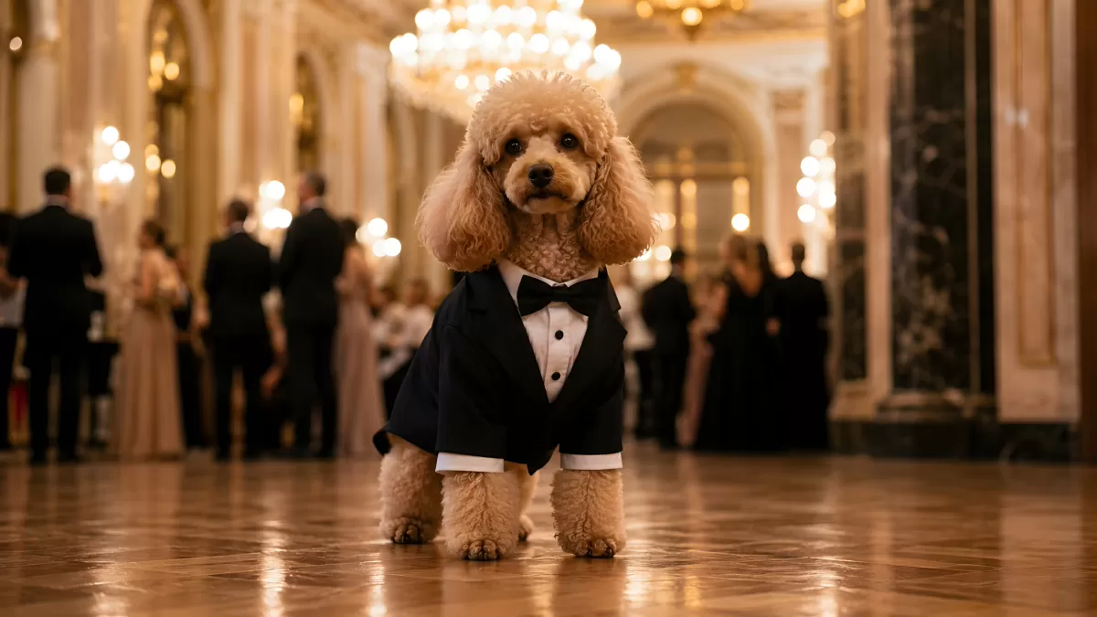 Eleganter Pudel im Smoking bei einem Galaabend