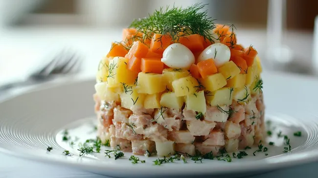 Eleganter Salatteller mit Wachteleiern und Dill