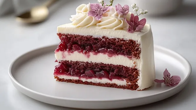 Eleganter Schichtkuchen mit Kirschen und Blüten verziert