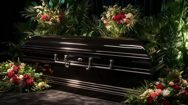 Eleganter schwarzer Sarg mit Blumenkränzen auf Trauerfeier