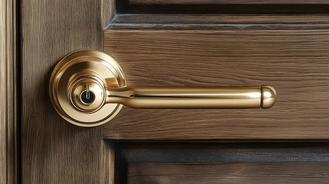 Eleganter Türgriff in Goldton auf strukturierter Holzoberfläche