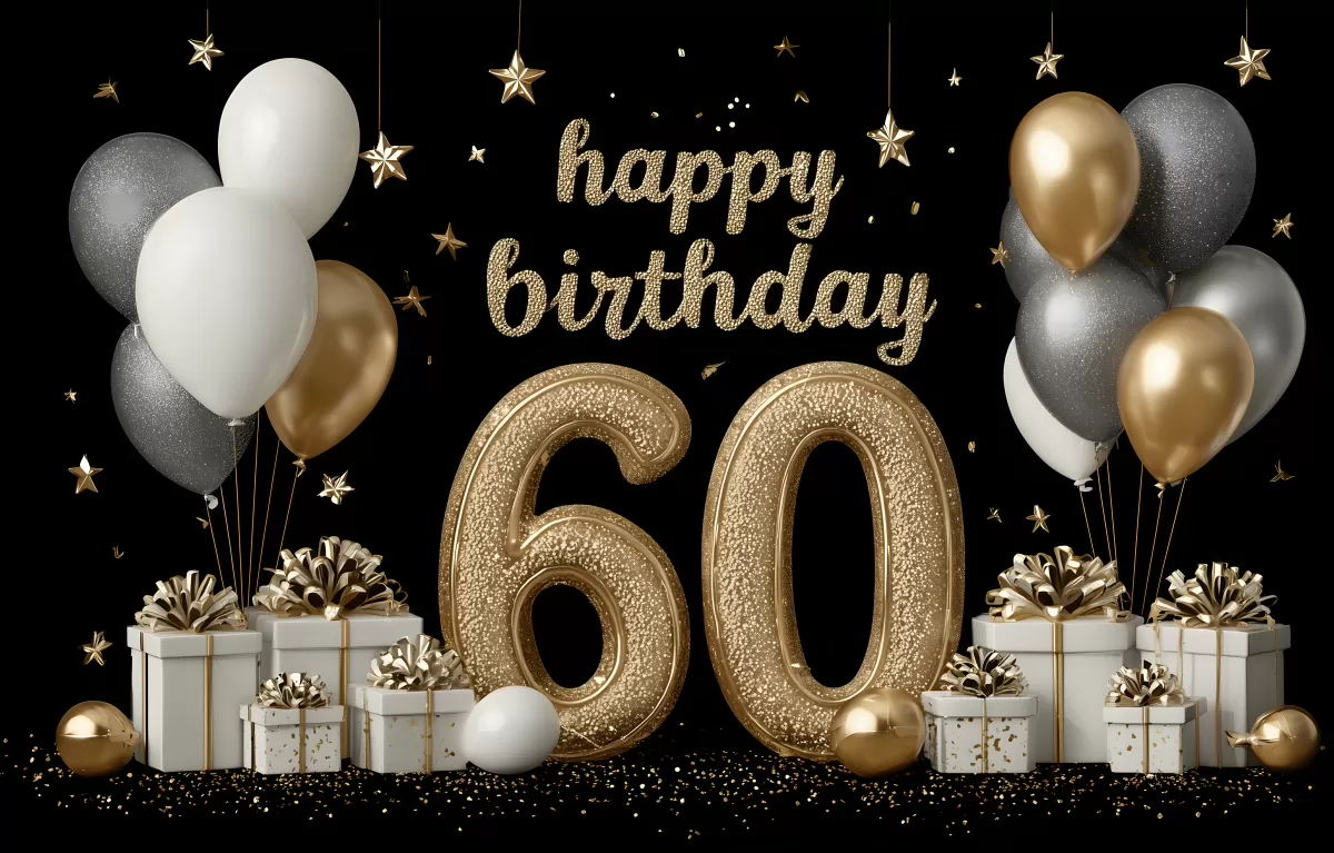 Elegantes 60. Geburtstags-Arrangement mit Ballons und Geschenken