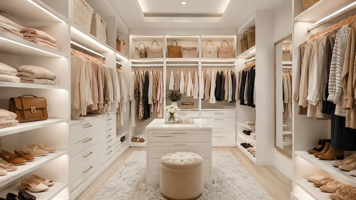 Elegantes Ankleidezimmer in Weiß mit Inseltheke