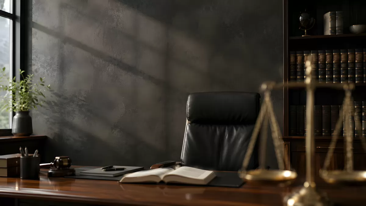 Elegantes Anwaltsbüro mit Waage und Gesetzbüchern