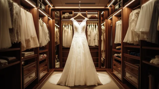 Elegantes Hochzeitskleid in luxuriösem Kleiderschrank