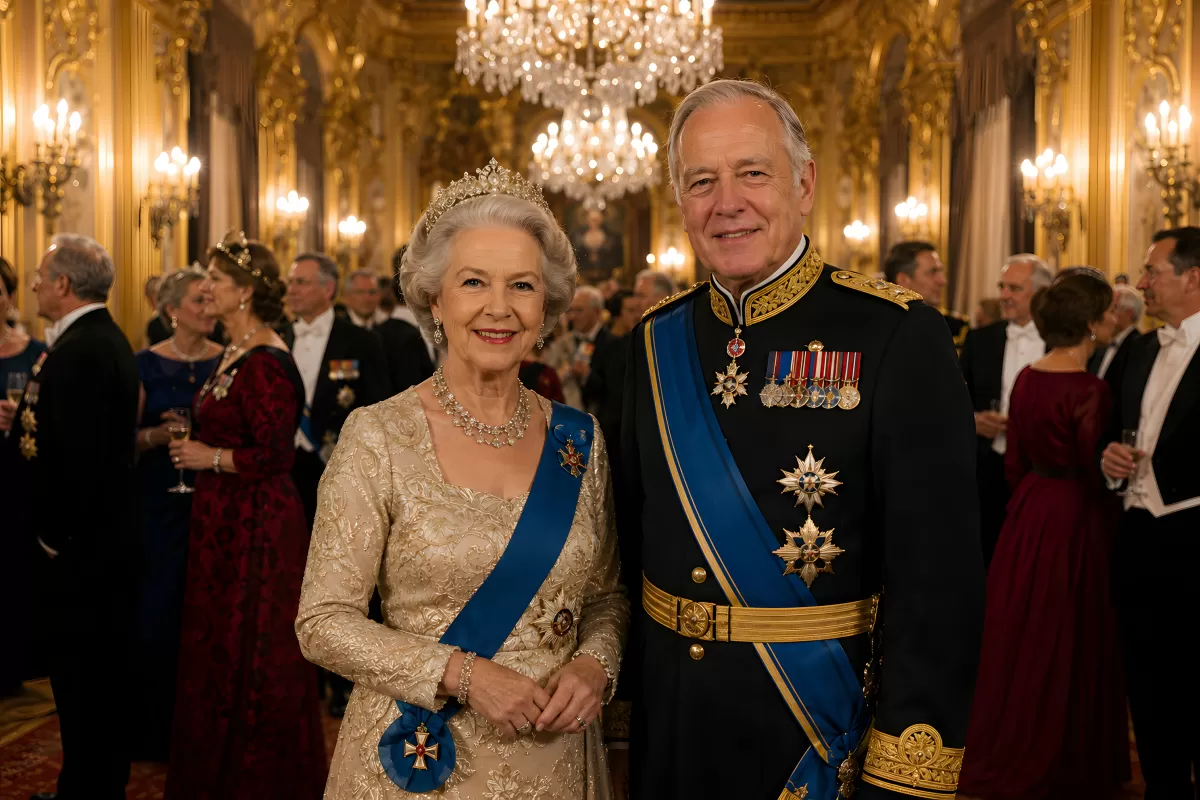 Elegantes Königspaar in prachtvollem Festsaal