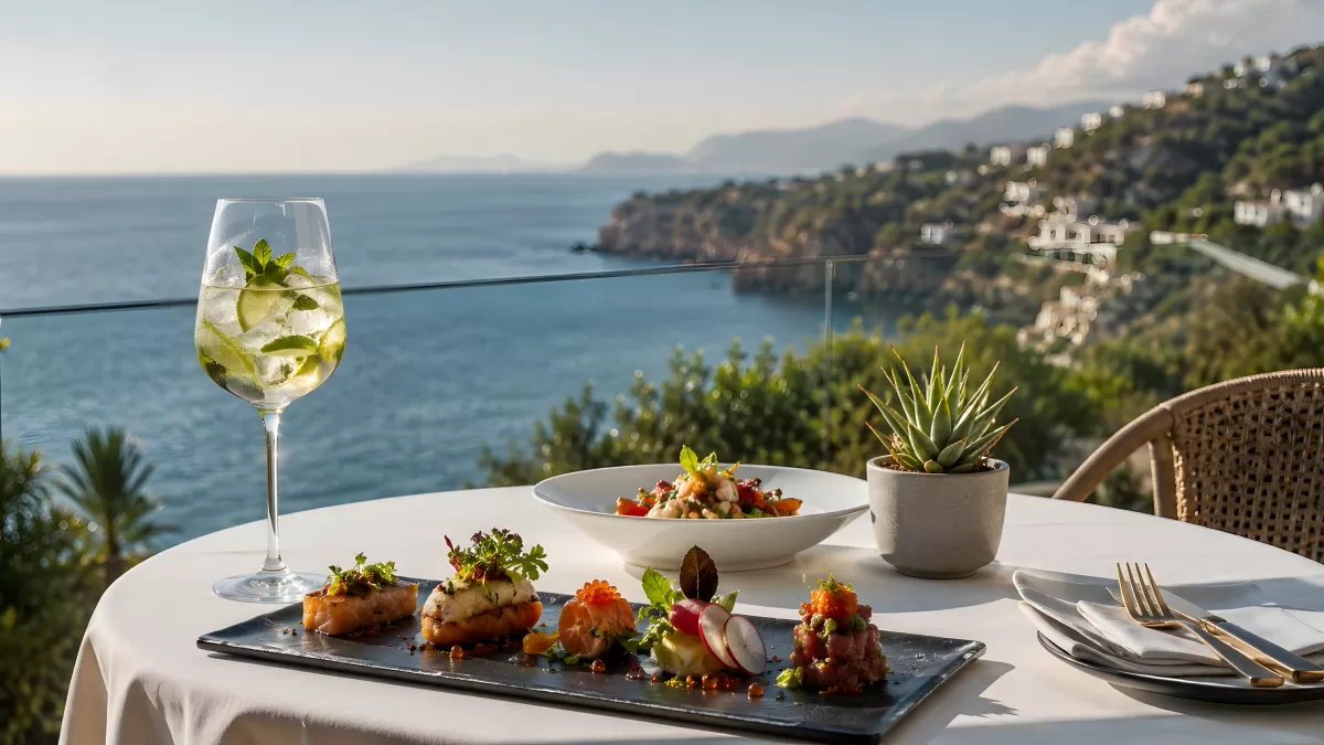Elegantes Meeresfrüchte-Menü auf Restaurantterrasse am Meer